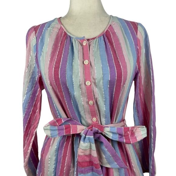 J. Crew Belted Button-up Dress in Pastel Stripe Rainbow Pink Purple SZ XS AP188 - Picture 3 of 16